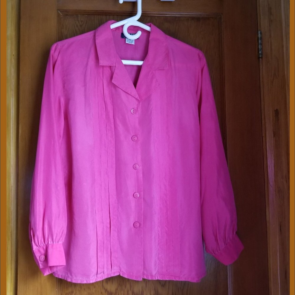 Silk, vintage 80s, open neck blouse, M, S, 10, front pleats, rose pink, The Bay